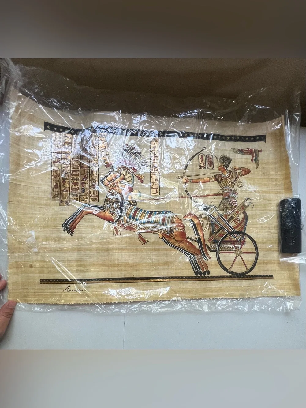 AMO Egyptian Chariot Tapestry in Tan, Brown, Blue, and Gold